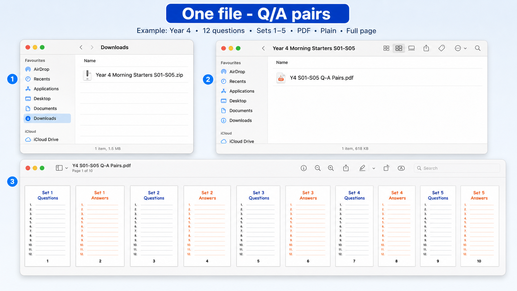 Mac Finder example showing one file where each set's questions are followed by that set's answers.